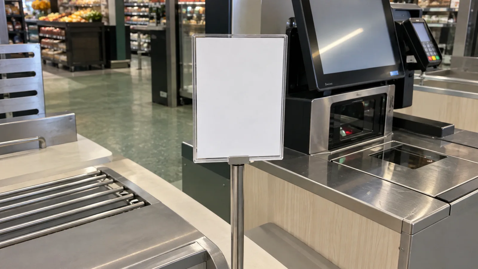 Informationsskylt monterad vid en självbetjäningskassa i en butik