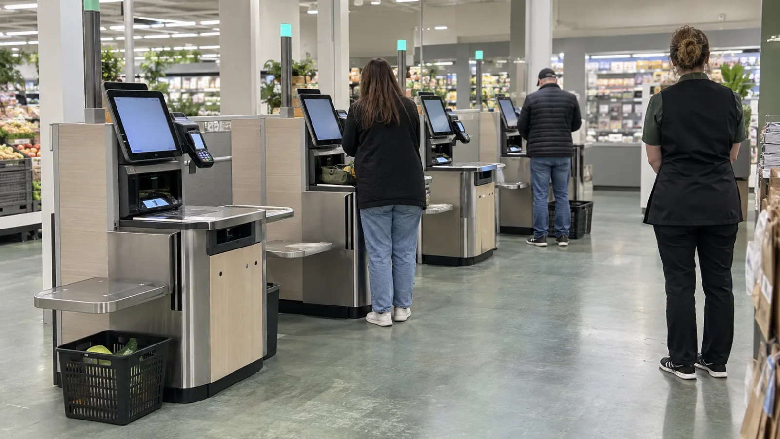Butiksmedarbetare som står vid ett självbetjäningsområde med flera stationer