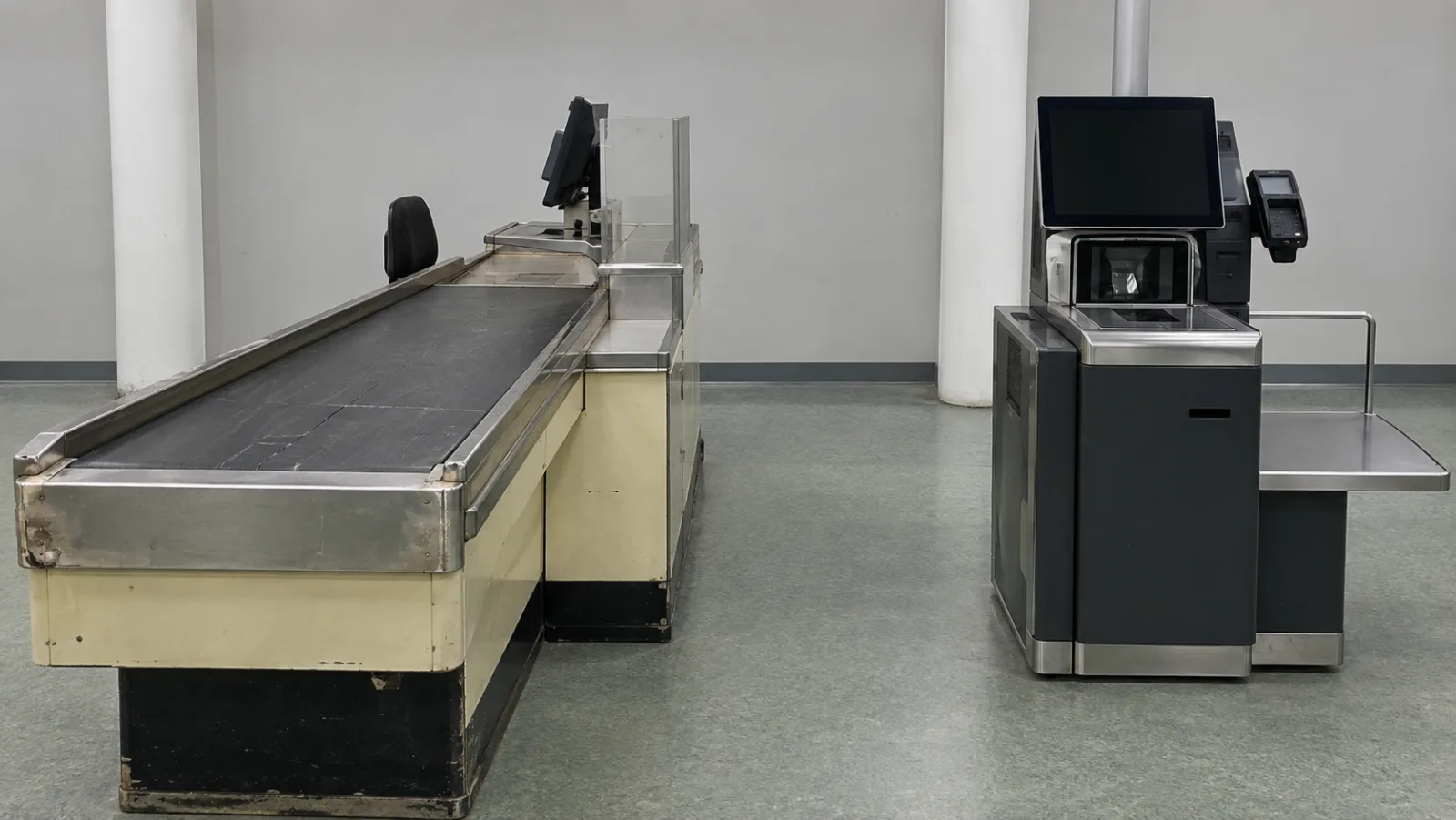 Ny självbetjäningsstation installerad bredvid en äldre bemannad kassa