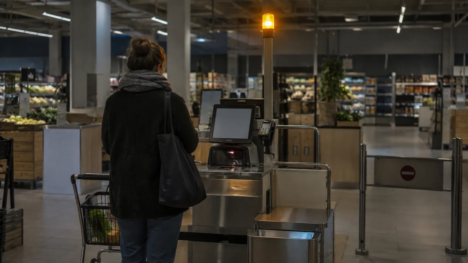 Gul varningslampa som lyser ovanför en självbetjäningskassa som väntar på personal